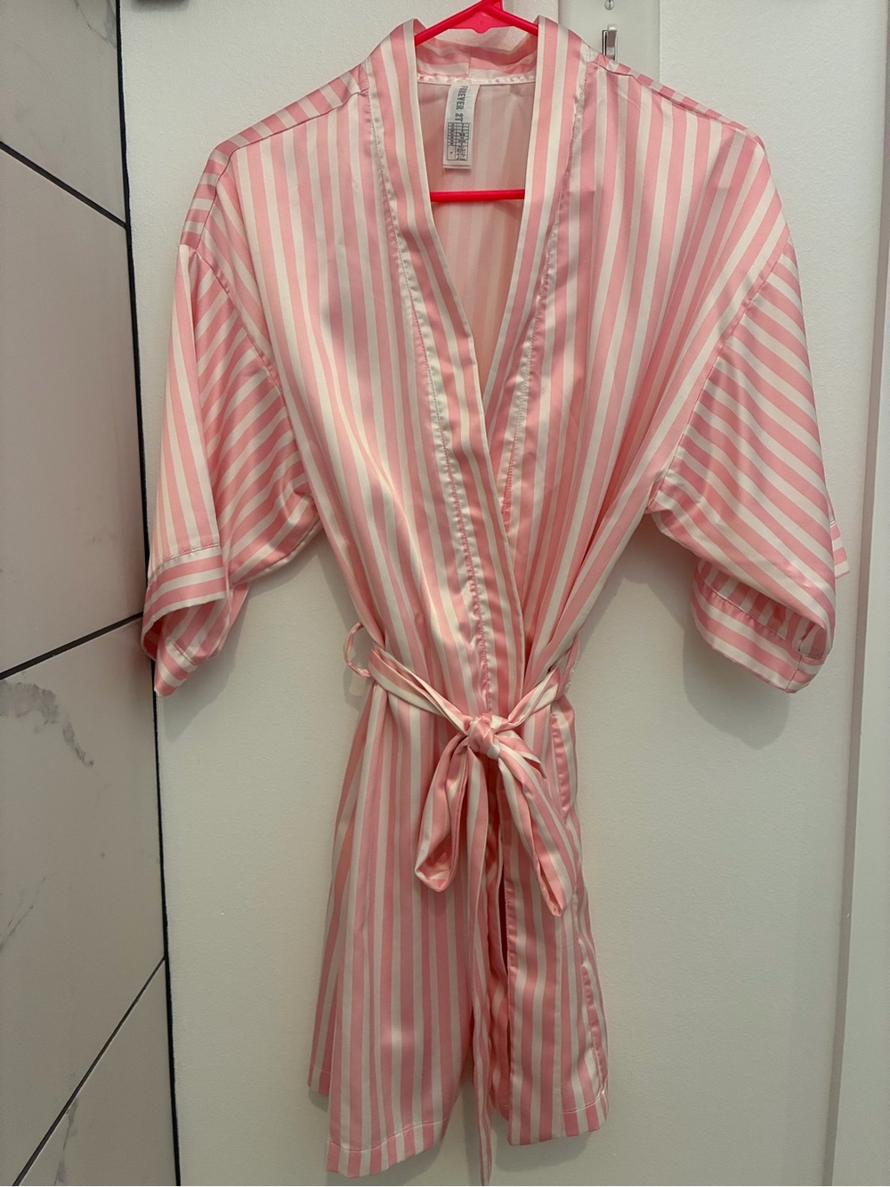 Forever 21 Pink and White Striped Satin Wrap Robe